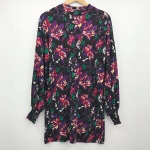Zara Trafaluc Floral Long Smocked Sleeve Mock Neck Dress Black Multicolor Small